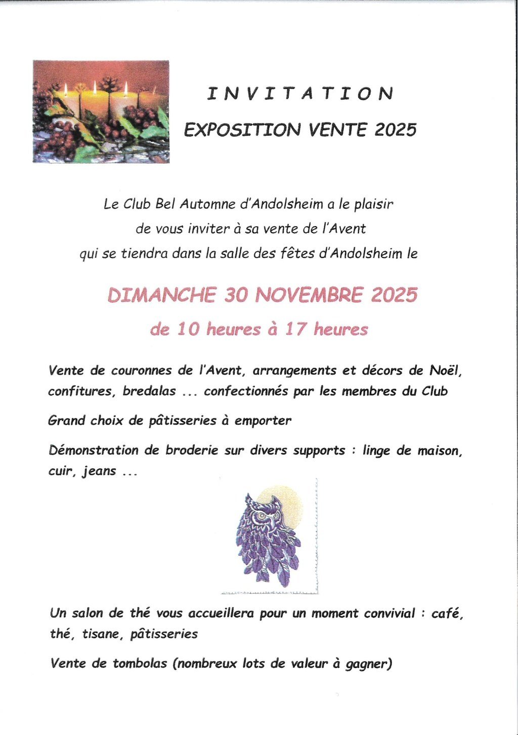 Exposition-vente 2025 du Club Bel Automne – Dimanche 30 novembre 2025