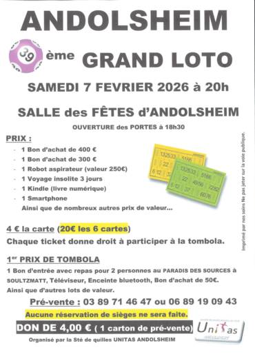 39éme GRAND LOTO samedi 7 février 20H